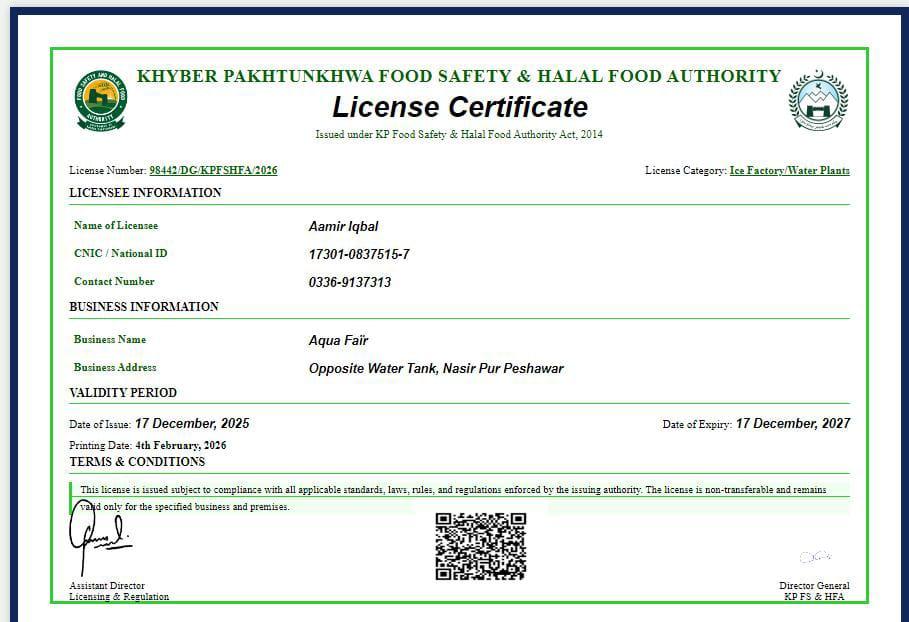 AquaFaïr Mineral Water - Khyber Pakhtunkhwa Food Safety & Halal Food Authority License
